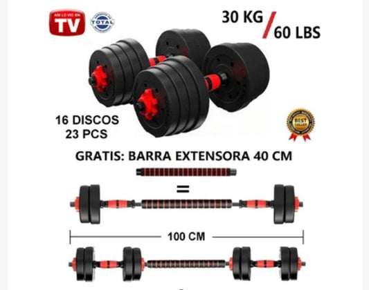 Kit de Mancuernas Termoforradas de 30 kg + Barra Extensora