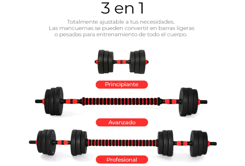 Kit de Mancuernas Termoforradas de 30 kg + Barra Extensora
